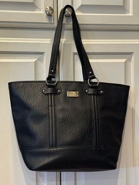 Nine West Black Pebbled Tote Bag Faux Leather & Leopard fabric Handbag Purse